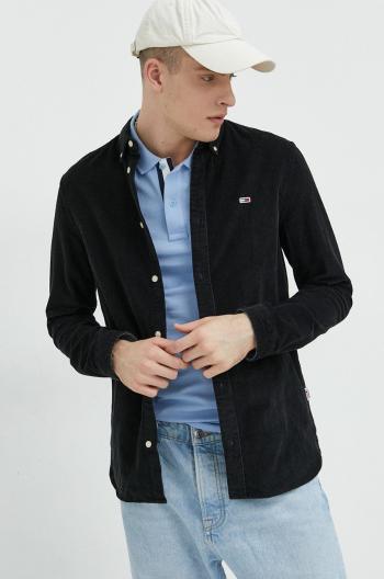 Manšestrová košile Tommy Jeans pánská, černá barva, regular, s límečkem button-down