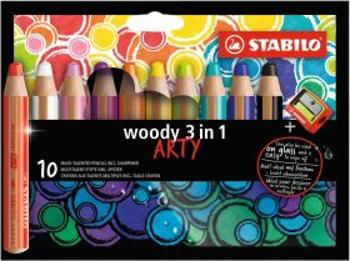 Pastelky STABILO Woody 3in1, sada 10 ks v pouzdru s ořezávátkem "ARTY"