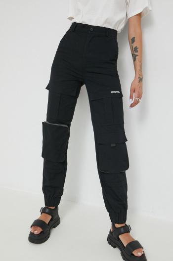 Bavlněné kalhoty Sixth June dámské, černá barva, kapsáče, high waist