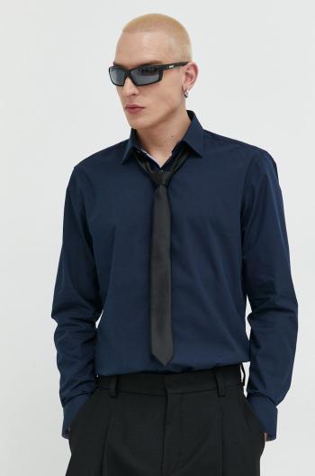 Bavlněné tričko HUGO tmavomodrá barva, slim, s klasickým límcem