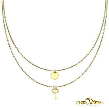 Šperky4U Dvojitý zlacený ocelový náhrdelník s klíčkem a srdíčkem - OPD0227-GD