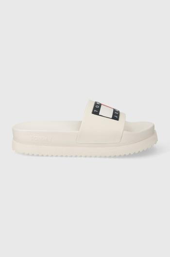 Pantofle Tommy Jeans TJW ELEVATED FLATFORM SLIDE dámské, béžová barva, na platformě, EN0EN02451