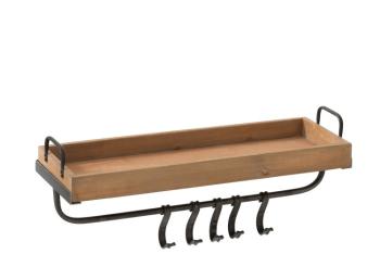 Nástěnná dřevěná polička s kovovými háčky Plank - 62*20*24cm 97821