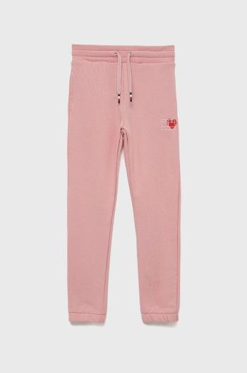 Dětské bavlněné kalhoty Tommy Hilfiger růžová barva, s potiskem