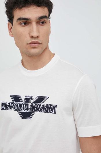 Bavlněné tričko Emporio Armani béžová barva, s aplikací