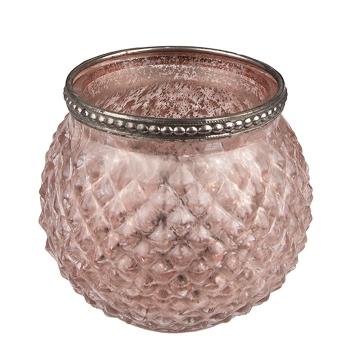 Růžový skleněný svícen na čajovou svíčku se zdobným okrajem - Ø10*9 cm 6GL3978