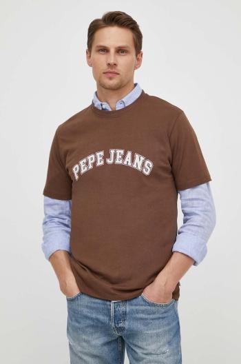 Bavlněné tričko Pepe Jeans CLEMENT hnědá barva, s potiskem, PM509220