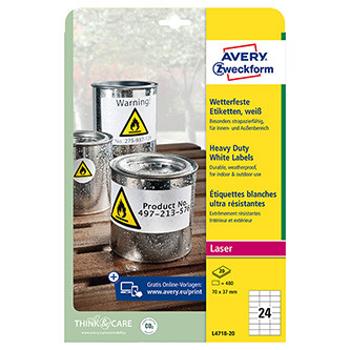 Avery Zweckform etikety 70mm x 37mm, A4, matné, bílé, 24 etiket, velmi odolné, baleno po 20 ks, L4718-20, pro laserové tiskárny a