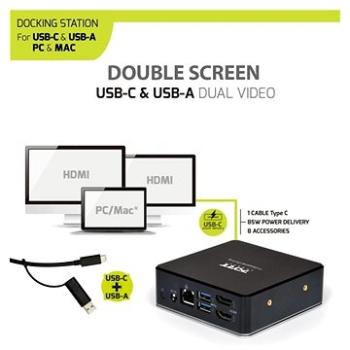 PORT CONNECT Dokovací stanice 8v1 USB-C, USB-A, dual video, HDMI, Ethernet, audio, USB 3.0 (901908)