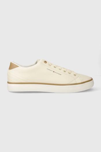 Kožené tenisky Tommy Hilfiger TH HI VULC CORE LOW LEATHER ESS pánské, béžová barva, FM0FM05041