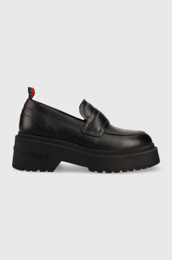 Kožené mokasíny Tommy Jeans TJW AVA LOAFER dámské, černá barva, na platformě, EN0EN02218