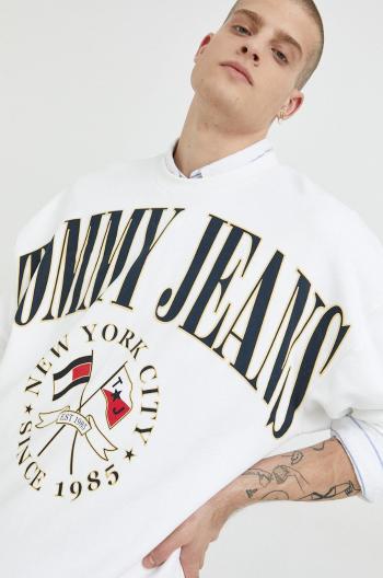 Bavlněná mikina Tommy Jeans pánská, bílá barva, s potiskem