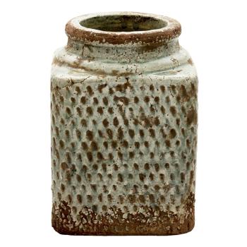 Šedo-zelená hranatá váza se vzorem a patinou Nyree - 15*15*21 cm 6TE0383