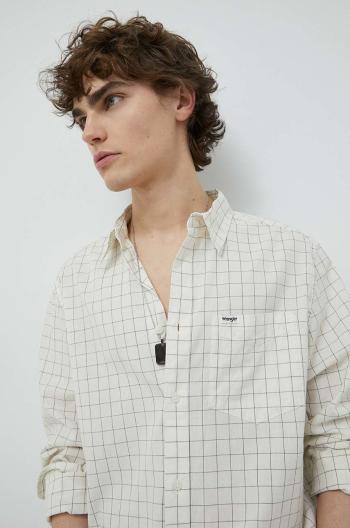 Bavlněné tričko Wrangler béžová barva, regular, s klasickým límcem