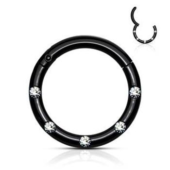Šperky4U Černý piercing kruh segment, čiré kameny, 1,2 x 8 mm - K01058-K