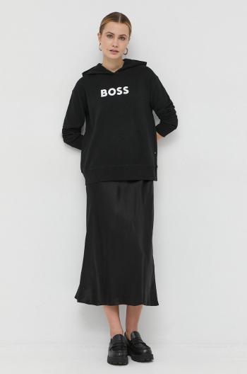 Bavlněná mikina BOSS dámská, černá barva, s kapucí, s potiskem