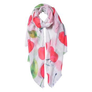 Bílý šátek s třešněmi a listy - 70*180 cm JZSC0511