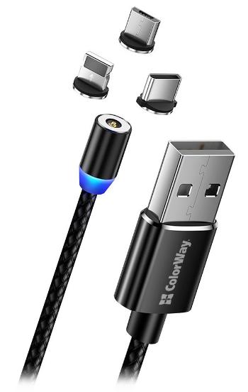 Colorway Nabíjecí Kabel 3v1 Lightning+MicroUSB+USB-C/ Magnetic/ 2.4A/ Nylon/ 1m