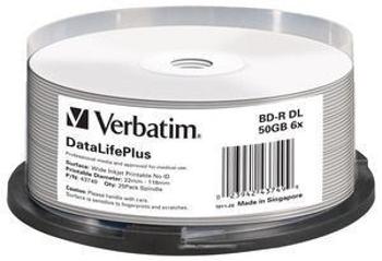 VERBATIM BD-R(25-pack)Blu-Ray/spindle/DL+/6x/50GB/ WIDE PRINTABLE NO ID SURFACE HARD COAT