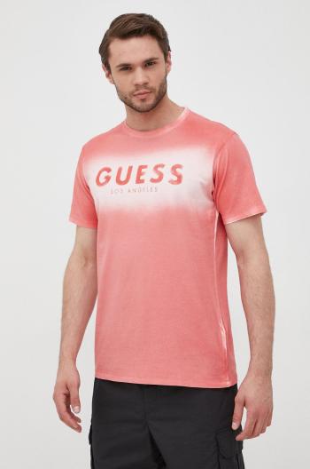 Bavlněné tričko Guess růžová barva, s potiskem