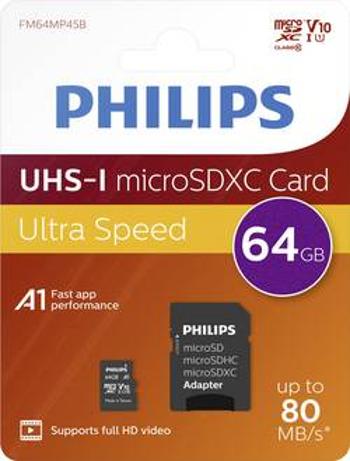 Paměťová karta microSDXC, 64 GB, Philips Class 10, vč. SD adaptéru