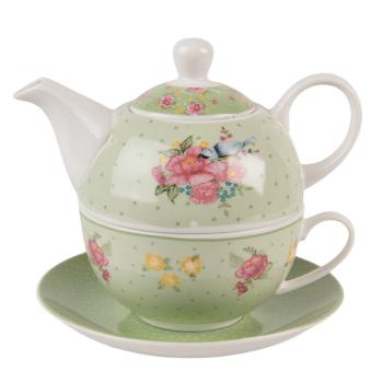 Zelený porcelánový Tea for One s květy a ptáčkem Cheerful Birdie - 16*15*14cm/ 460ml CHBTEFO