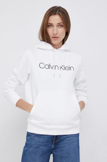Bavlněná mikina Calvin Klein dámská, bílá barva, s kapucí, s potiskem