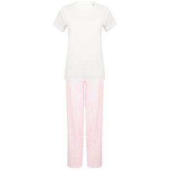 Towel City Dámské dlouhé bavlněné pyžamo v setu - Bílá / růžová | XXXL