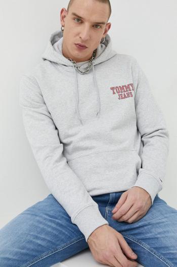 Bavlněná mikina Tommy Jeans pánská, šedá barva, s kapucí, s potiskem