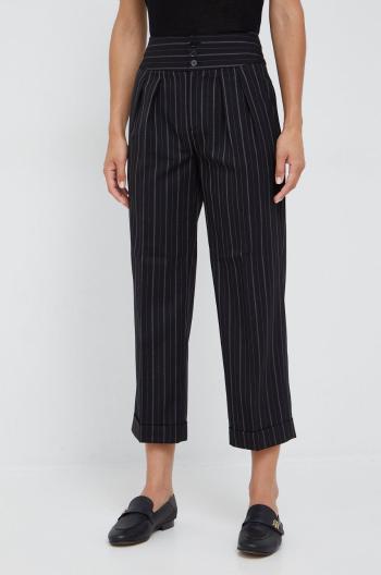 Vlněné kalhoty Lauren Ralph Lauren dámské, černá barva, jednoduché, high waist