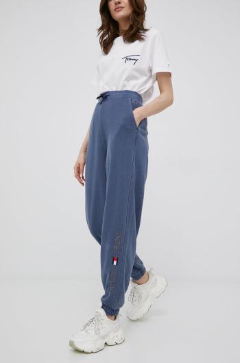 Kalhoty Tommy Jeans dámské, tmavomodrá barva, s aplikací