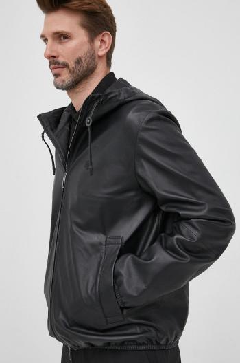 Kožená bunda Emporio Armani pánská, černá barva, přechodná