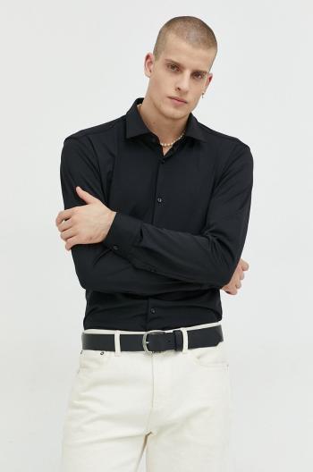 Košile HUGO pánská, černá barva, slim, s klasickým límcem