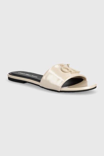 Pantofle Calvin Klein Jeans FLAT SANDAL SLIDE MG MET dámské, béžová barva, YW0YW01348