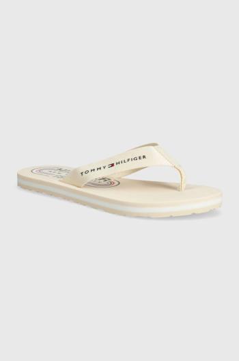 Žabky Tommy Hilfiger GLOBAL STRIPES FLAT BEACH SANDAL dámské, béžová barva, na plochém podpatku, FW0FW07856