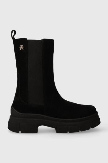 Semišové kotníkové boty Tommy Hilfiger ESSENTIAL SUEDE CHELSEA BOOT dámské, černá barva, na platformě, FW0FW07489