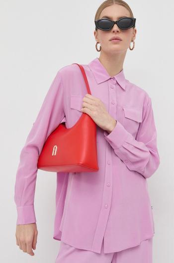 Hedvábné tričko BOSS růžová barva, regular, s klasickým límcem