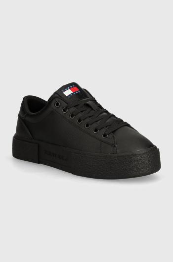 Kožené sneakers boty Tommy Jeans TJW FOXING FLATFORM černá barva, EN0EN02567