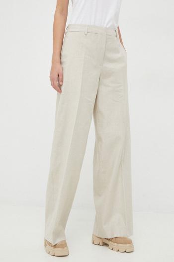 Plátěné kalhoty Calvin Klein béžová barva, široké, high waist