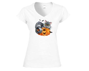 Dámské tričko V-výstřih Kočička a dýně