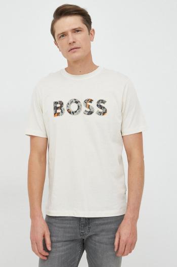 Bavlněné tričko BOSS Boss Casual béžová barva, s potiskem