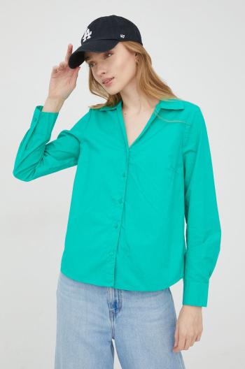 Bavlněné tričko Pieces zelená barva, regular, s klasickým límcem