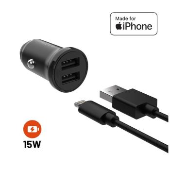 FIXED Set autonabíječky s 2xUSB výstupem a USB/Lightning kabelu, 1 metr, MFi certifikace, 15W Smart Rapid Charge FIXCC15N-2UL-BK, černá