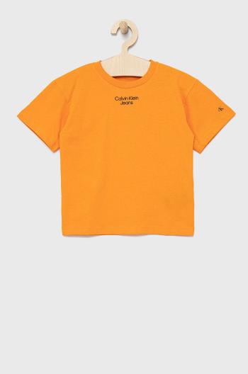 Dětské bavlněné tričko Calvin Klein Jeans oranžová barva, s potiskem