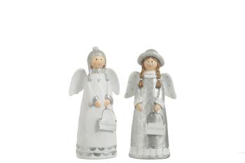 Bílo šedé dekorativní sošky andělů s cedulkou Welcome - 11,2*8*23,3 cm 77090