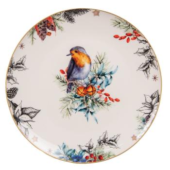 Porcelánový dezertní talíř s vánočním motivem ptáčka - Ø 21*2 cm 6CEDP0129