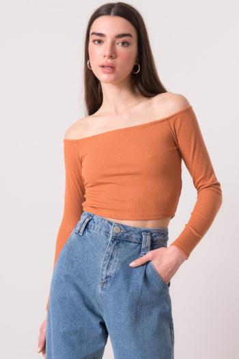 ORANŽOVÝ ŽEBROVANÝ CROP TOP S DLOUHÝMI RUKÁVY 15900-ORANGE Velikost: M