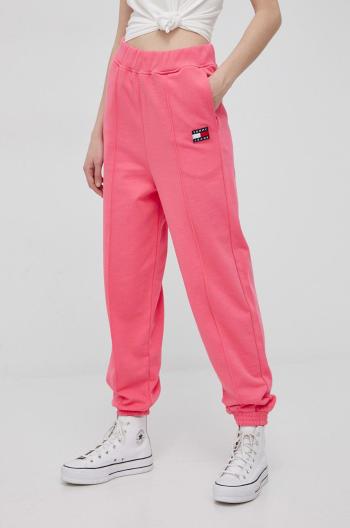 Bavlněné kalhoty Tommy Jeans dámské, růžová barva, hladké