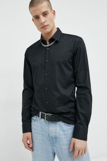 Bavlněné tričko HUGO černá barva, slim, s klasickým límcem