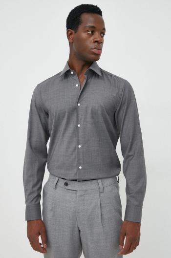 Vlněná košile BOSS pánská, šedá barva, slim, s klasickým límcem